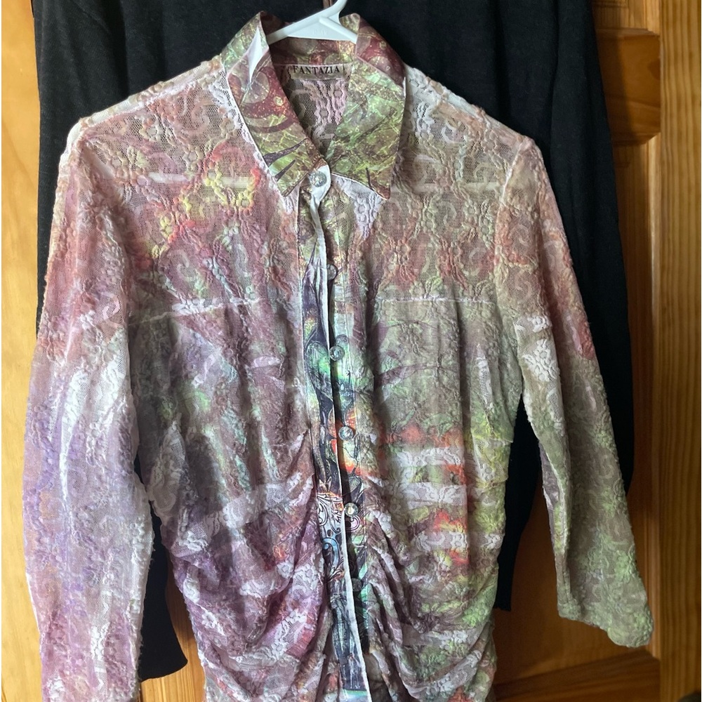 Vintage Sheer Lace Button Front Blouse Floral Print Y2K Fairy Grunge Large